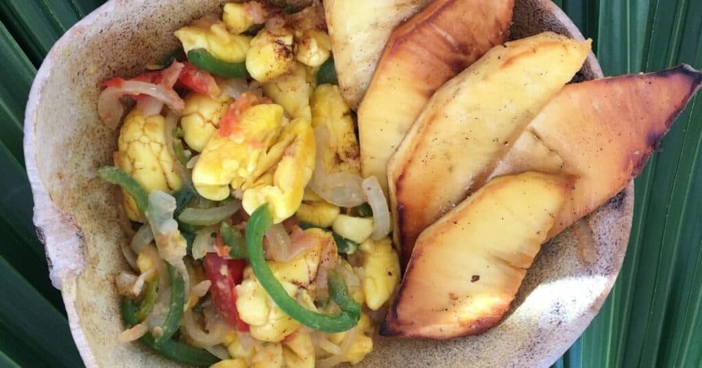 Ackee and Fried Breadfruit in Calabash