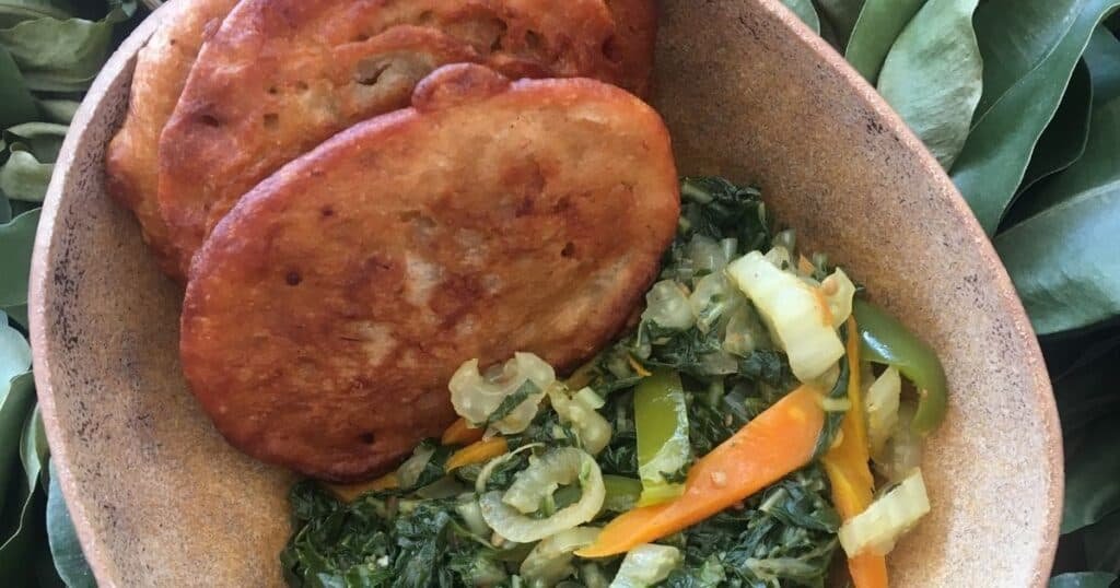 Steam Callaloo with Banana Fritters in Calabash